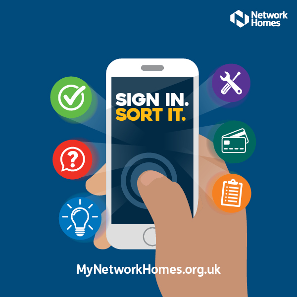 Mynetworkhomes.org.uk Sign in. Sort it. Shows illustration of hand holding mobile phone with icons coming out of the phone